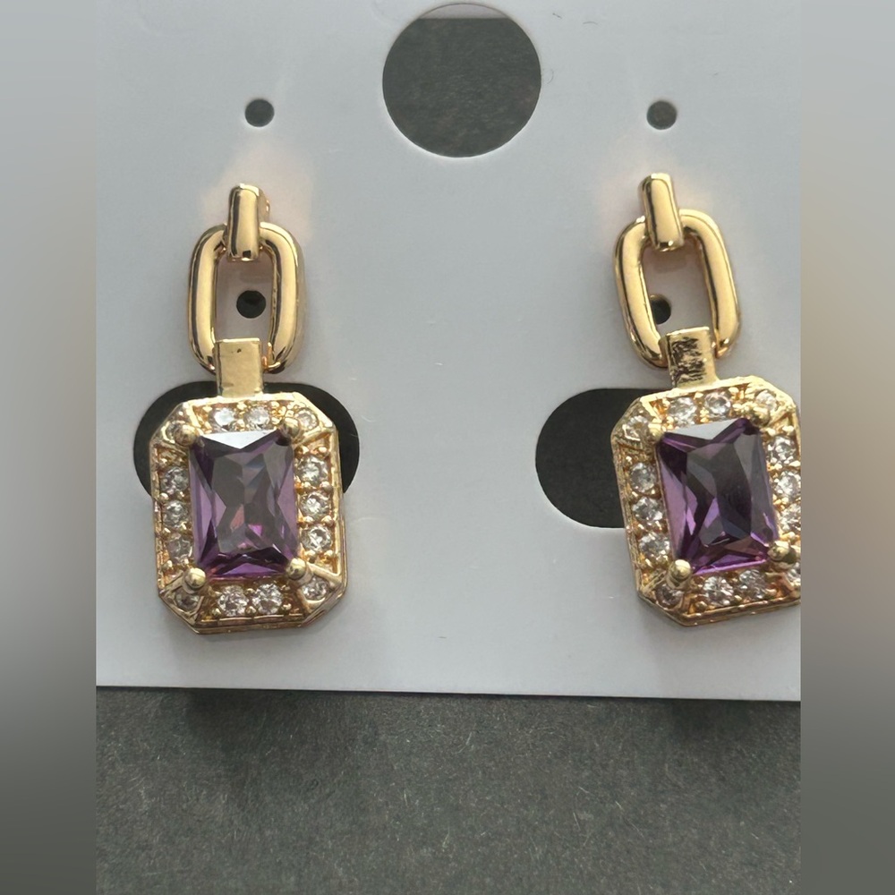 18K Gold Filled Amethyst CZ Halo Dangle Earrings – Emerald Cut – AAA CZ – NWOT